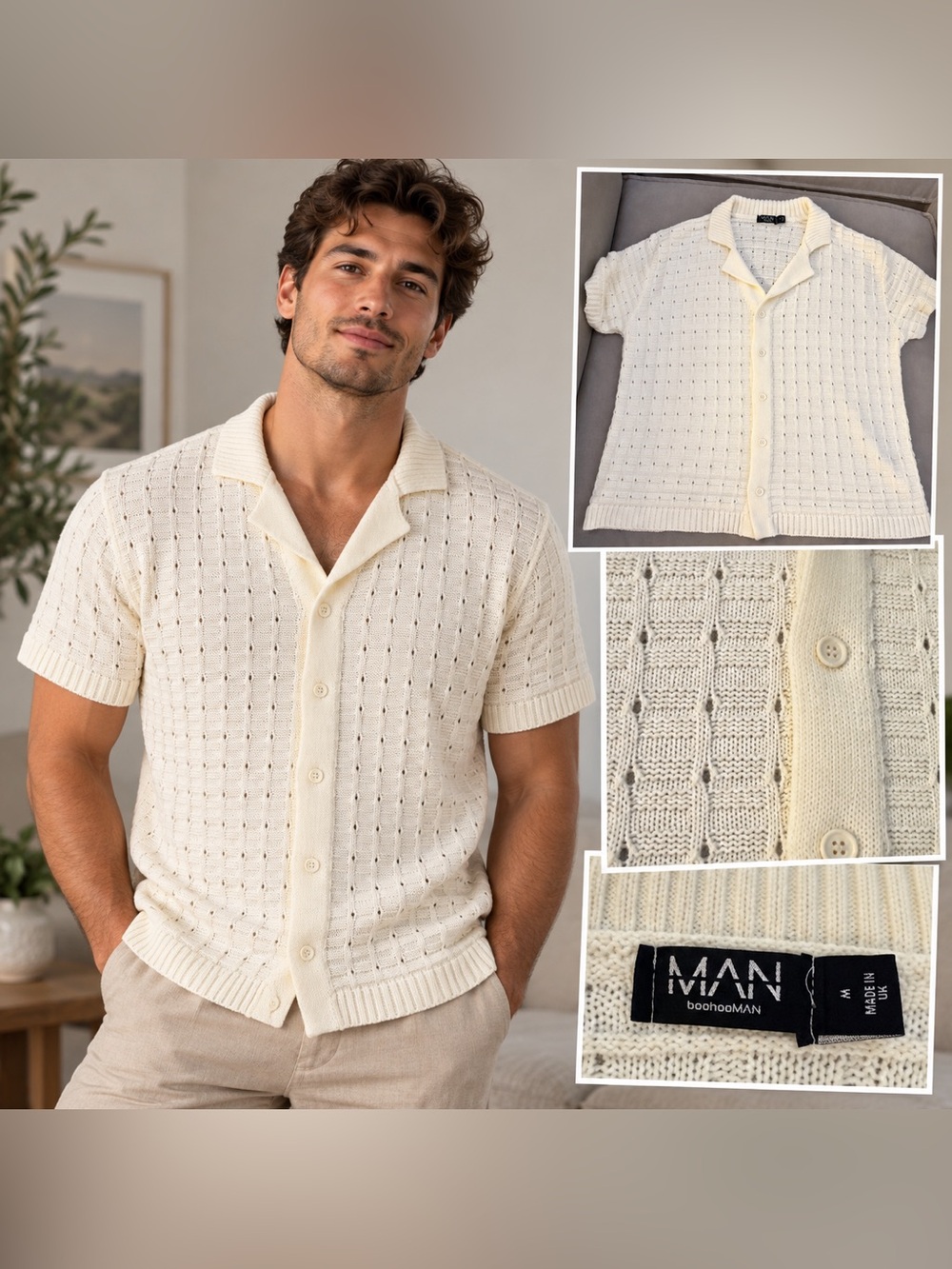 BoohooMAN Men’s M Cream Open-Knit Button-Up-Shirt